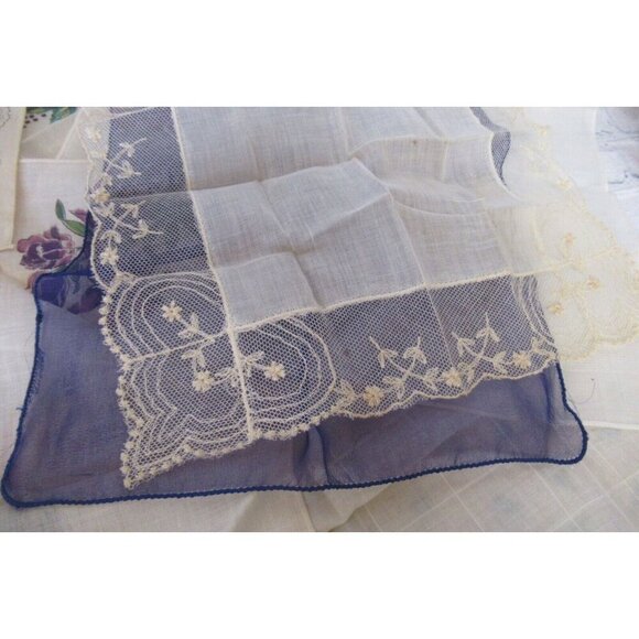 Vintage MCM Handkerchiefs Lot 10 Lace Embroidered Prints Solids Mix Some In Box - Picture 4 of 16